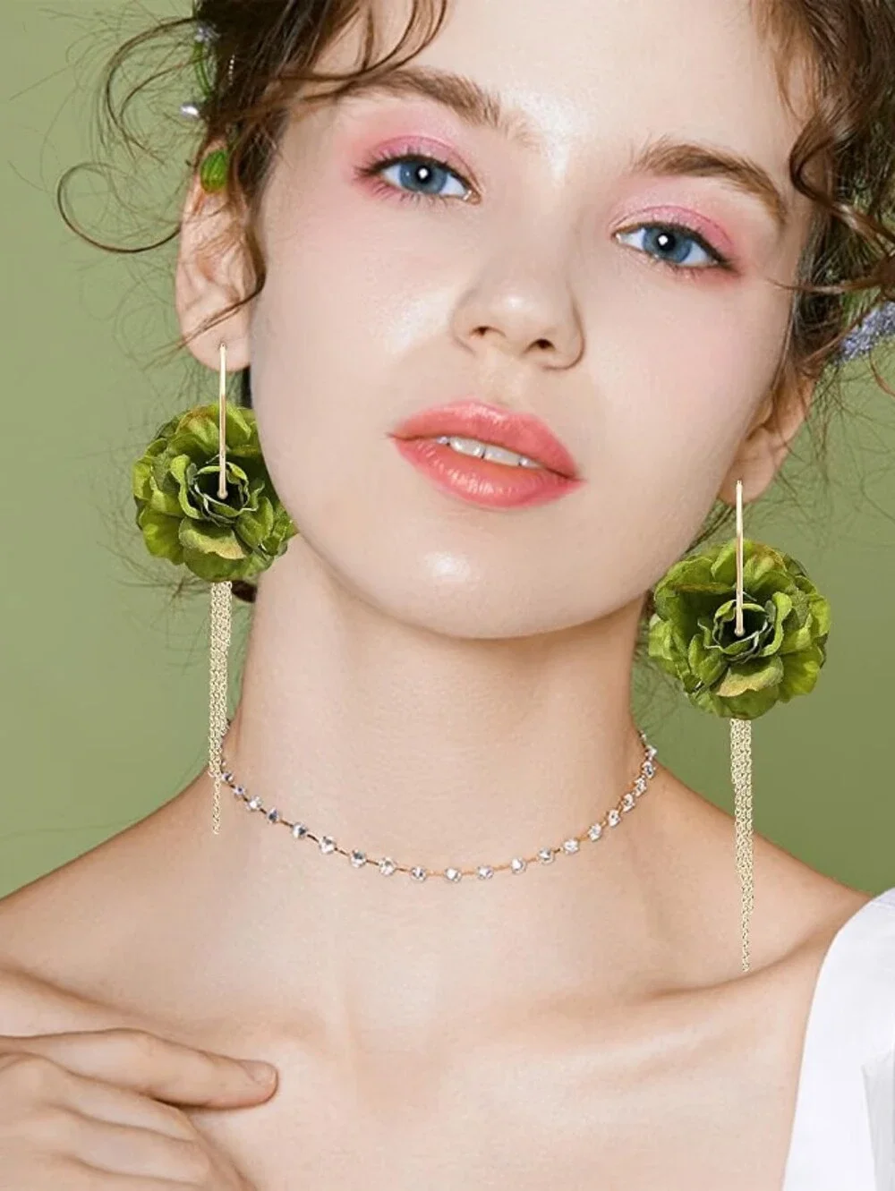 Fabric Flower Gold Metal Tassel  Earrings Floral Fringe Dangle Drop